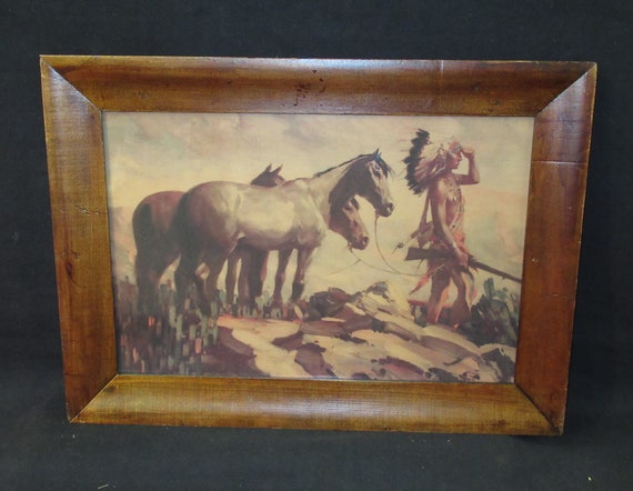 Western Scene /Herbert Herger Art Print in Early Antique Frame/ 19 x 16
