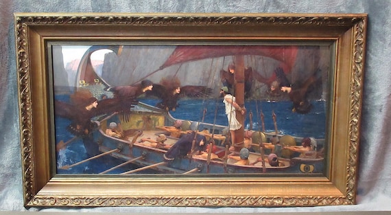 J. W. Waterhouse Painting "Ulysses and the Sirens" / Unusual High Detail and Color / Fine Custom Vintage /Antique Frame / Preraphialite Best
