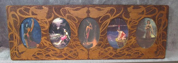 Art Nouveau Wood Frame with indian maiden art prints each behind glass