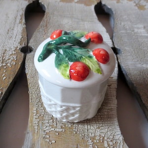 Art Nouveau Sugar Bowl, White Lidded Ceramic Bowl With Cherry Lid, Ironstone Bowl
