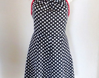 Vintage Short Neckholder Dress, Authentic 70s Mini, Black / White Polka Dots