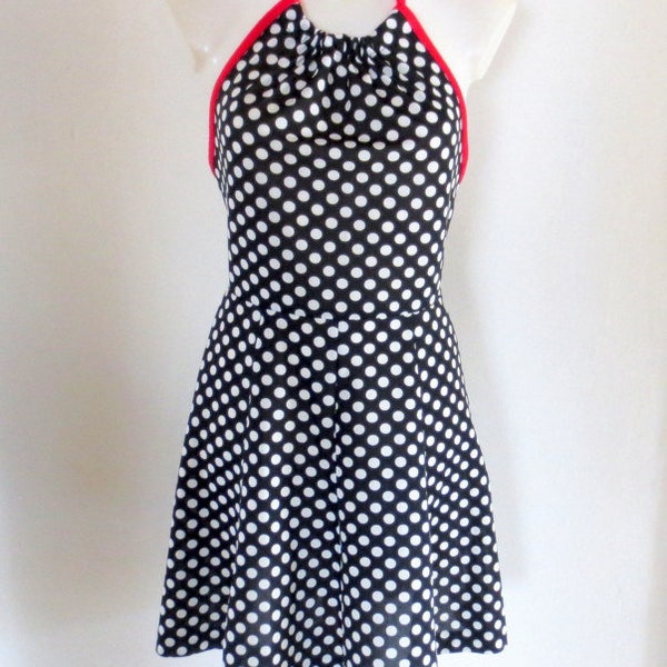 Vintage Short Neckholder Dress, Authentic 70s Mini, Black / White Polka Dots