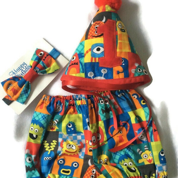 Boys 3pc 1st birthday colorful monster outfit ,cake smash bloomers ,tie hat set,12months.Ready to ship