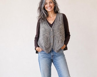 New - Embroidered Linen Vest / 'Goa' Waistcoat / Earth Tone Colors - Breathe Clothing