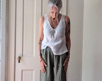 Handmade Linen Tank Top: White Raw Edge Cami