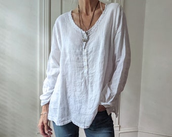 Winslow Linen Tunic Shirt – Earth Tone, Raw Edge, Henley Style, Handmade