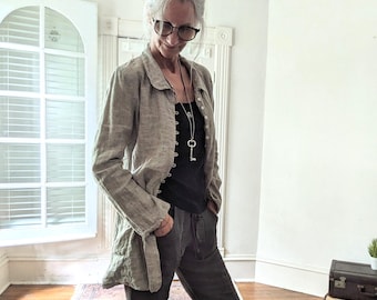 Long linen Coat / Natural Linen Jacket / "Monet" Jacket / Only 1 Left / Handcrafted - Breathe Clothing