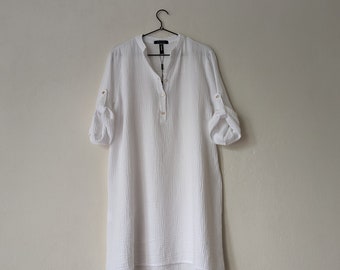 50% Off SALE - White Cotton Caftan Lounge Beach Cover-Up Tunic Dress / Only 2 Left / Made in Italy - Breathe Clothing USA