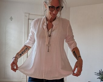NEW - Womens Cotton Tunic / 'Grandfather' Pleated Shirt / by Breathe Clothing