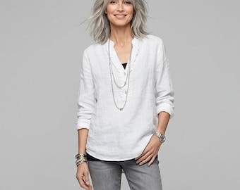 Linen Ruffle Placket Shirt: Earth Tone "Bach" Top, Handmade in Italy