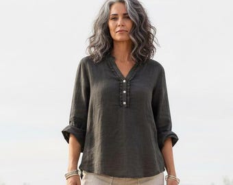 New - Linen Shirt / "Bach" Ruffle Placket Shirt / 5 Earth Tone Colors / by Breathe Clothing