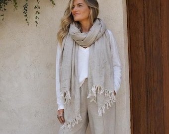Handloomed Linen Wrap: Oversized Scarf Earth Tone Shawl