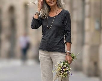 Lisbon Tee Shirt / Long Sleeve Cotton Rolled-edge Cotton Top / Breathe Clothing