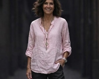 Linen Ruffle Placket Shirt: Earth Tone "Bach" Top, Handmade in Italy