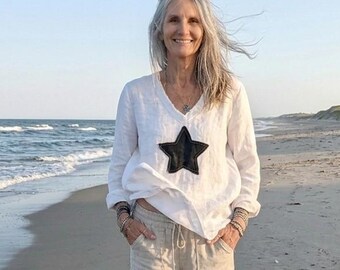 New - Linen Top / Embellished (Star, Heart, Swiss Cross) Tunic Shirt / Custom Handmade - Breathe Clothing