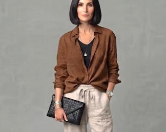 Linen Button Shirts / "Perfect Fit Boyfriend Shirt" - Earth Tone Color Tunic / Handcrafted in Italy