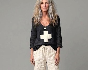 New - Linen Top / Embellished (Star, Peace Sign, Heart, Swiss Cross) Tunic Shirt / Custom Handmade - Breathe Clothing