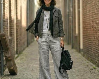 Handmade Linen Palazzo Pants: " Kerouac" Boho Raw Edge Elastic Waist Trousers