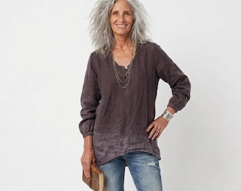 Handmade Linen Tunic Top: Asymmetric Seam 'Alice' Shirt