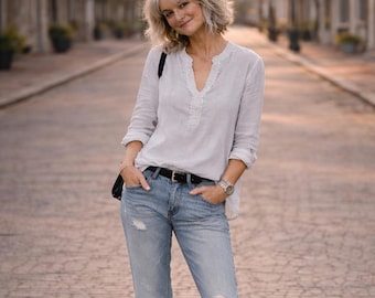 Linen Ruffle Placket Shirt: Earth Tone "Bach" Top, Handmade in Italy