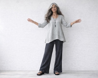 Handmade Linen Palazzo Pants: " Kerouac" Boho Easy Wide Leg Trousers