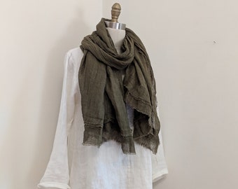 NEW -  Linen Raw Edge Pleated 'Glasgow' Scarf / Made by Hand - Breathe Clothing USA