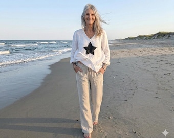 New - Linen Top / Embellished (Star, Heart, Swiss Cross) Tunic Shirt / Custom Handmade - Breathe Clothing