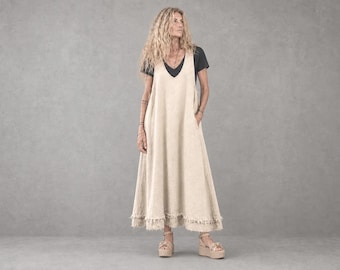 NEW - Handmade Raw Edge Linen Apron 'ZOE' Dress /  Made by Hand - Breathe Clothing USA