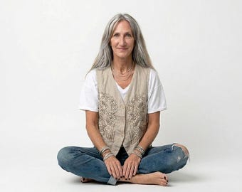 New - Embroidered Linen Vest / 'Goa' Waistcoat / Sale - Breathe Clothing