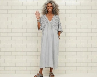 New - Linen Caftan Dress / Embroidered Beach Cover-Up / Made in Italy - Sale - Breathe Clothing USA