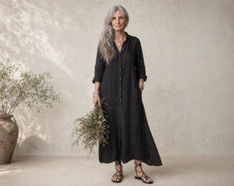 Caftán de lino negro / Vestido playero tipo pareo / Hecho en Italia - Breathe Clothing USA