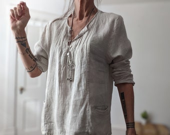 New SALE - Linen "Turner" Shirt / 100% Linen Pin Tucked Tunic  / Handcrafted - Breathe Clothing USA