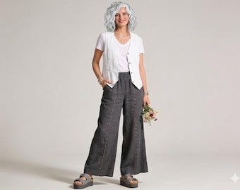 New - Linen Pants / "Hughes" Embroidered Detail Palazzo Pants / by Breathe Clothing