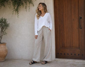 Neu – Leinenhose / Palazzo-Hose „Hughes“ mit Stickereidetails / von Breathe Clothing