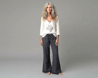 Handmade Linen Palazzo Pants: " Kerouac" Boho Raw Edge Elastic Waist Trousers