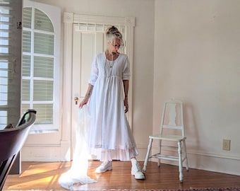 Handmade Linen Smocked Bodice Dress: White, Indigo, 100% Linen