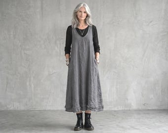 NEW - Handmade Raw Edge Linen Apron 'ZOE' Dress /  Made by Hand - Breathe Clothing USA