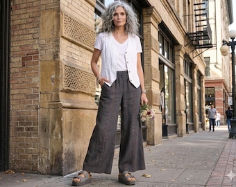 New - Linen Pants / "Hughes" Embroidered Detail Palazzo Pants / by Breathe Clothing