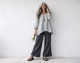 Handmade Linen Palazzo Pants: " Kerouac" Boho Raw Edge Elastic Waist Trousers