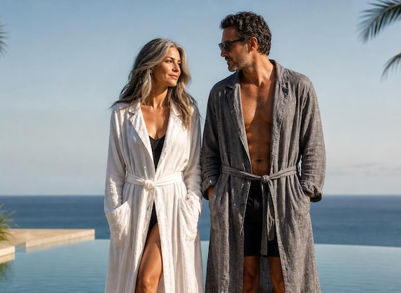 Women's Linen Robe – Gender Neutral Long Kimono Bathrobe, Oversized Fit, Raw Edge Detail