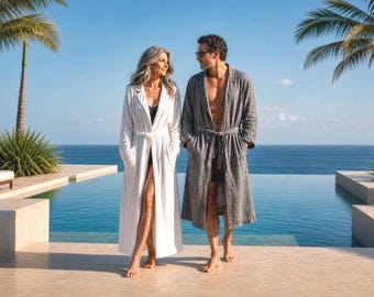 Unisex Linen Robe Dressing Gown Kimono Bathrobe / Womens "Shilpa" Full Length Bathrobe  - Breathe Clothing USA