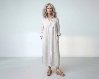 Black Linen Caftan / Lounge Beach Cover-Up Dress / Made in Italy - Breathe Clothing USA