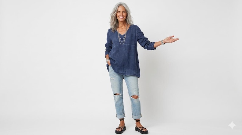 May include: A woman wearing a dark blue V-neck tunic, light blue ripped jeans, and black sandals. The tunic has long sleeves and a relaxed fit. The jeans are cuffed at the ankles. She is wearing a silver necklace and a watch.