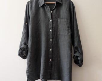 New - Linen Longer Length Charcoal Tunic Shirt / Only 1 Left / by Breathe Clothing