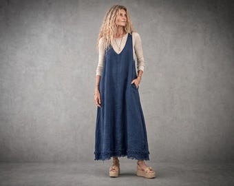 Custom Apron 'ZOE' Linen Raw Edge Dress /  Handmade - Breathe Clothing USA