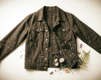 New - 100% Linen 'Jean' Jacket Charcoal Gray - Breathe Clothing
