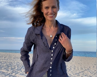 Handmade Linen Poet's Shirt: Sale Only 1 Left / Pleated Button-Front Blouse by Breathe Clothing