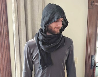 Handmade Hooded Linen Scarf / "Xander" Urban Unisex Oversized Cowl Wrap Scarf / Breathe Clothing