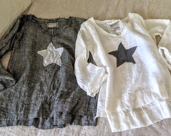 Linen Embelllished (Star, Heart, Swiss Cross) Tunic Shirt / Handmade - Breathe Clothing USA