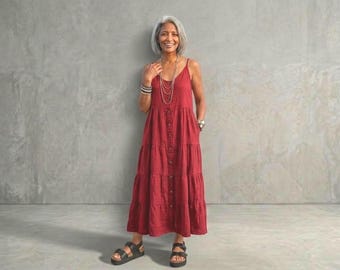New - Linen Sundress / "Savannah" Dress / Black or Paprika / Long Tiered Dresses / by Breathe Clothing